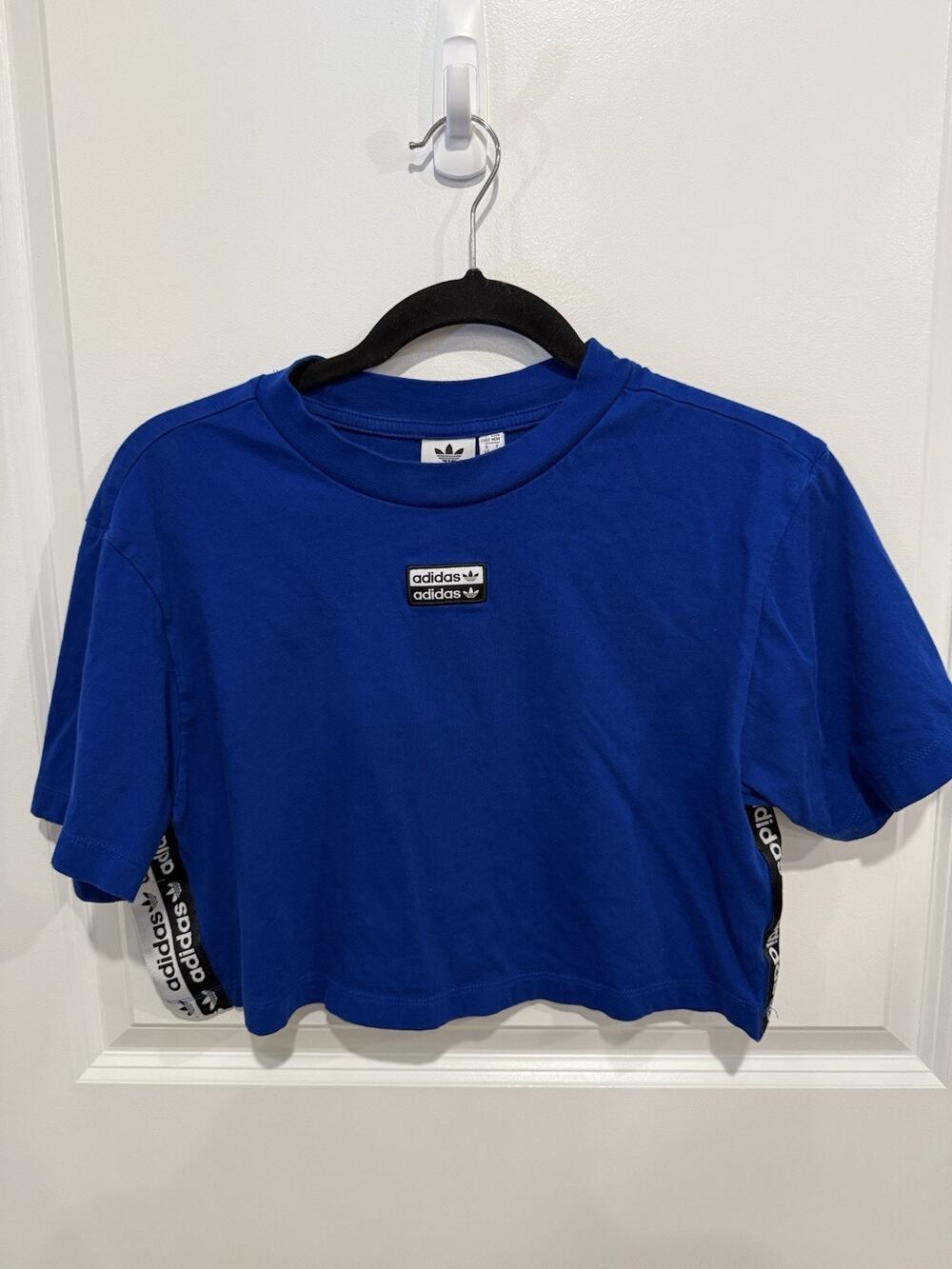 Adidas Womens Shirt Athletic Urban Cropped Blue Size Medium Logo Tape